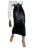 GORGLITTER Women's PU Leather High Waisted Pencil Skirts Ruched Bodycon Midi Rave Club Skirt Black Small
