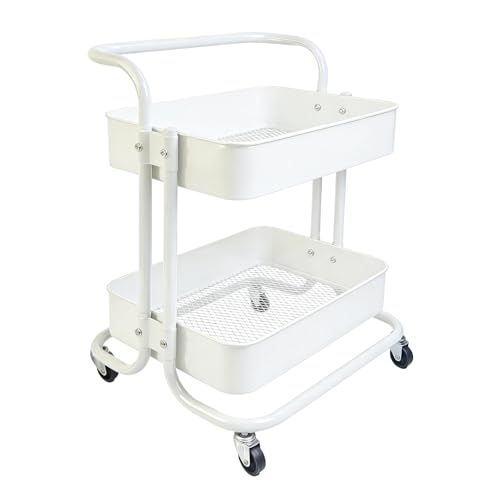 Image of 2 Tier Cart with Wheels Under Desk Storage with Handle, Metal Rolling Pantry Cart for Kitchen White Small Rolling Basket for Laundry Room Bathroom, Utility Shelf Organizer for Small Space