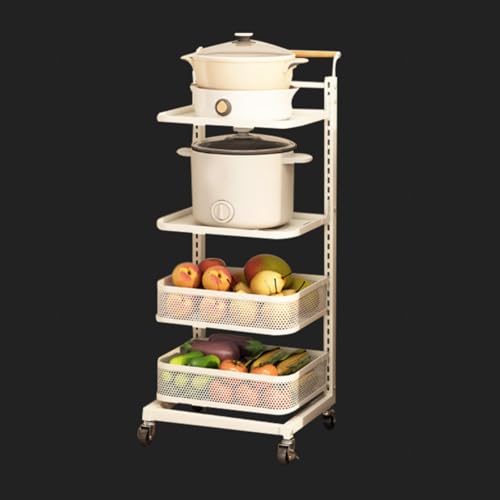 Carrito de almacenamiento plegable y ligero, estante blanco con ruedas, 4 tablas y 2 cestas, perfecto para frutas y verduras, oficina y uso doméstico