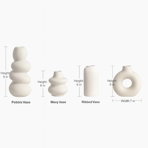 Image of SPHINX Pack of 4 Modern Ceramic Vases for Home Decor | Donut, Wavy, Gourd & Ribbed Design | Pampas Grass & Dried Flower Vases for Living Room, Table, Shelf Styling - White - NO Flowers