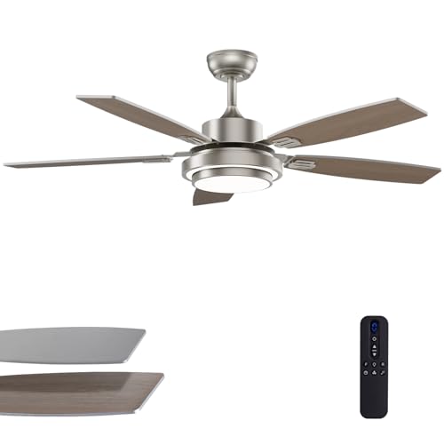 52 Inch Nickel Ceiling Fans with Lights and Remote Control for Bedroom, Modern Ceiling Fan with Quiet Reversible DC Motor, 3CCT, Dimmable, LED for Living Room, Patio, Indoor and Outdoor