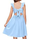 Arshiner Girls Summer Dresses Square Neck Ruffle Sleeve Tie Back A-Line Swing Casual Midi Dress with Pockets Sky Blue