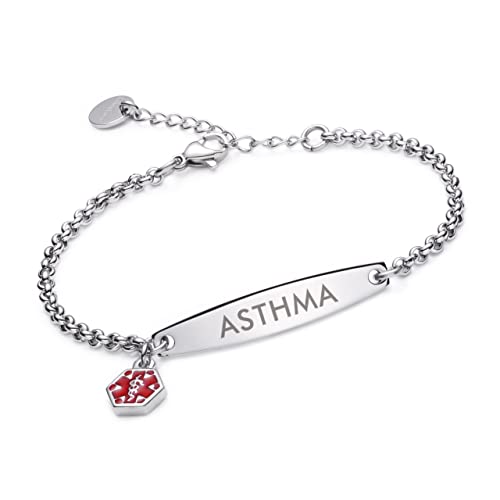 LinnaLove-Pre-engraved Simple Rolo chain Medical alert asthma bracelet for Women-ASTHMA