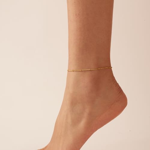 Image of NONAMOIS Ankle Bracelets for Women Dainty 18K Gold Plated Anklet Waterproof Round Beaded Paperclip Herringbone Pearl Chain Anklets Waterproof Beach Foot Jewelry