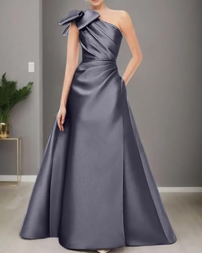 Satin Prom Dresses with Bow One Shoulder Mother of The Bride Dress A Line Formal Evening Party Dress WQ23