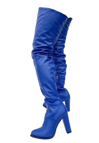 Frankie Hsu Botas de plataforma gruesa sexy por encima de la rodilla, tacones altos azules, estilo moderno, estilo moderno, botas largas de tacón ajustado para mujeres y hombres, talla grande 4-14 de
