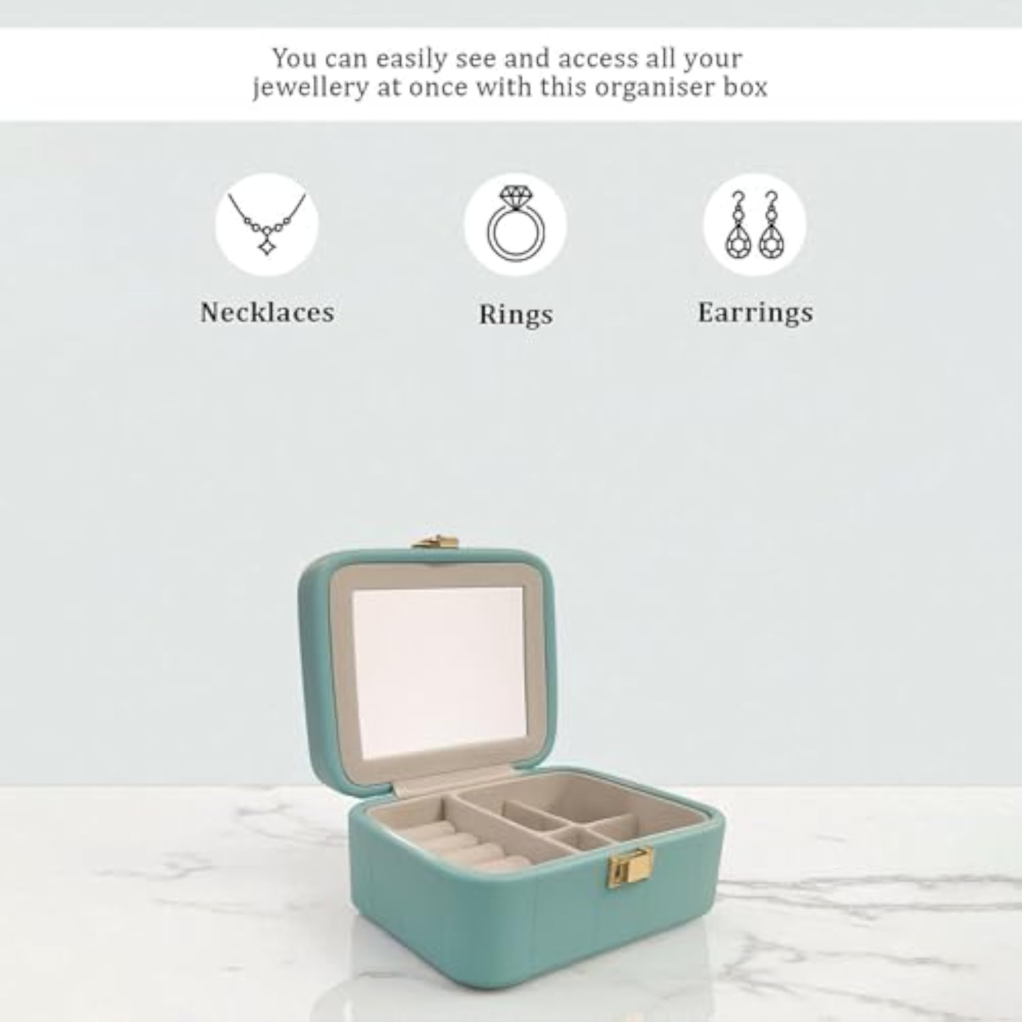 Faux Leather Jewellery Organizer Box with Snap Closure & Mirror