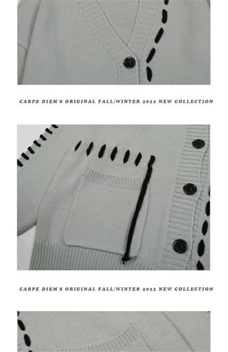 Knit Cardigan Fall Winter Cargo Sweater for Men Oversized Drawstring Patchwork Sweaters4