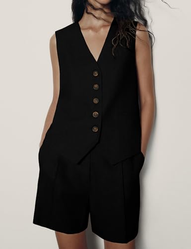 2 Piece Outfits for Women Summer Bussiness Linen Sets Sleeveless V Neck Vest Button Waistcoat and Pockets Shorts2