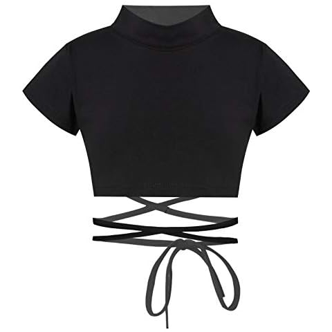 Zaldita Kids Girls Bandage Tie Cross Waist Mock Neck Crop Top Athletic Sport Cami Shirt Performance Ballet Gymnastics Dancewear Black Short Sleeves 11-12 Years Cover