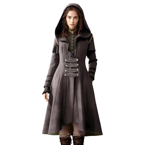 FunParrot Gothic Hooded Long Coat Black Blend Double Buckle Belt Victorian Style Winter Maxi Dress with Button Front (Black M)