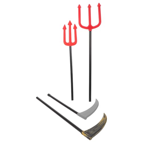 GALPADA Ensemble de 4 Faux Factices Halloween en Plastique 2 Faucilles 2 Fourches Rouges Accessoires Cosplay et Jeu de Rôle Garçon et Filles