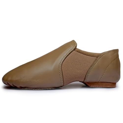TOROMAX Sapatos de jazz Slip on Jazz Dance Shoes sola de borracha dividida resistência ao deslizamento couro e neoprene estilo peixe bronzeado (tamanho 10 crianças, bronzeado), Bronze