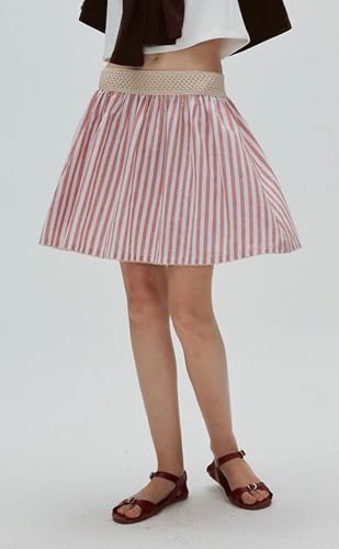 CHARTOU Women Summer Stripes Mini Skirt Striped Crochet Boho Chic Cotton Linen Beach Skirt with Pockets2