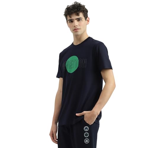Image of UNITED COLORS OF BENETTON Men's Cotton Solid Regular Fit T-Shirts (24P3099J3357I016 Blue,Medium