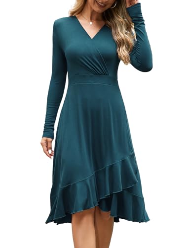 Beluring Tunika Kleid Damen Lässig V-Ausschnitt Wickelkleid Langarm Midikleid Rüschensaum Freizeitkleid Pfauenblau M