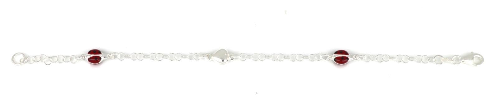 Generico Pulsera infantil de plata con corazón y mariquitas esmaltadas en rojo
