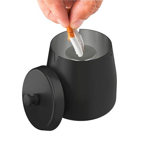 AwmnSrman Aschenbecher Mit Deckel für Draussen - Schwarz Edelstahl Windproof Abnehmbarer für Einfache Reinigung - Rutschfester Esstisch 9 x H9 cm