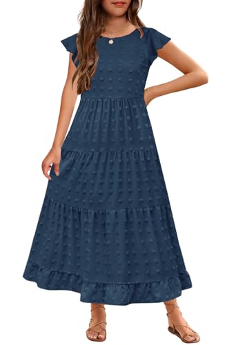 HOSIKA Girls Maxi Dress Ruffle Sleeve Swiss Dot A Line Tiered Flowy Casual Party Dresses with Pockets for 6-12 Y