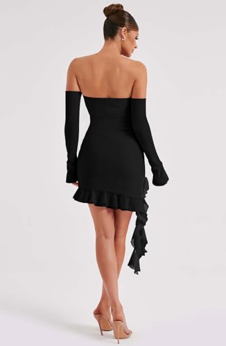 GOKATOSAU Women's Off The Shoulder Long Sleeve 3D Flower Ruffle Hem Bodycon Party Mini Dress4