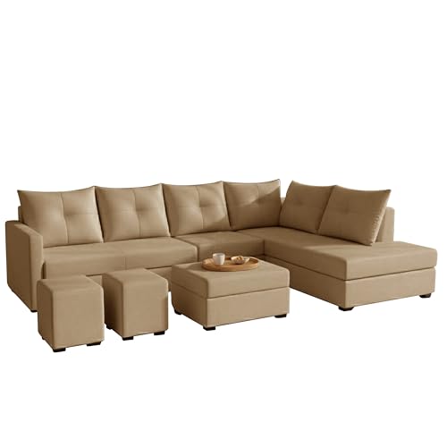 Image of Wood 8 Seater Sofa Set with Ottoman & Stools | Velvet Fabric Upholstery | Modern L Shape Wooden Frame Couch for Living Room, Home & Office (Golden)