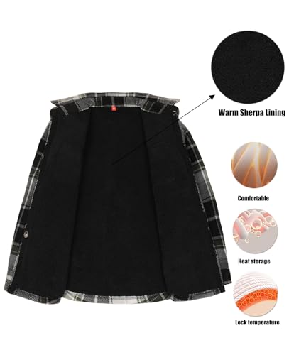 Image of ThCreasa Boys Sherpa Lined Plaid Button Shirt Jacket | Full Thermal Lining, Buffalo Plaid Shacket, Button Down, Family Matching Shirt, Dress Shirt Style, Cozy Winter Fall Outerwear
