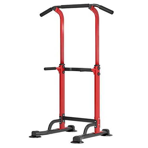 sogesfurniture Power Tower Fitness Dip Station, multifunktionale Kraftstation Kraftturm Trainingsgerät mit Klimmzugstange, höhenverstellbar von 165-210cm, Schwarz&Rot