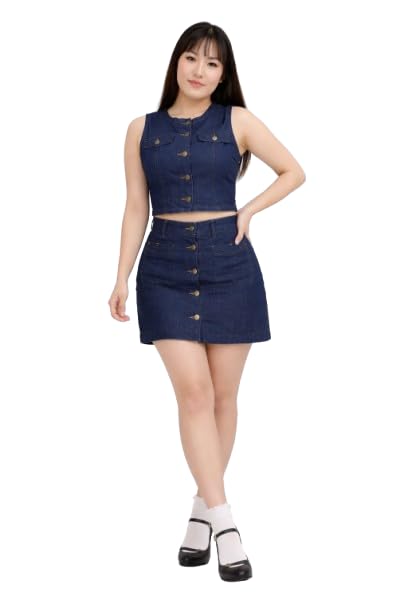 Women’s Navy Blue Denim Co-Ord Set – Sleeveless Button Front Crop Top & High Waist Mini Skirt with Pockets | Stylish Two Piece Denim Outfit for Casual, Party & Streetwear (42)-picture-30