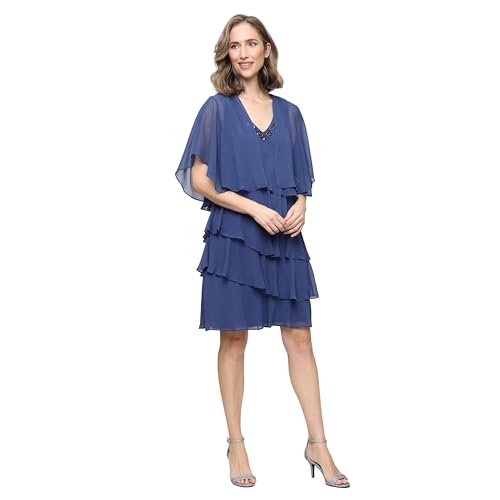 Image of S.L. Fashions Women's Chiffon Tiered Jacket Dress with Beaded Neckline Mother of the Bride, Cocktail, Or Wedding Guest Dress