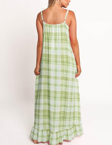 Image of LASPIA Spaghetti Strap Dresses for Women Plaid V Neck Maxi Sundress Beach Long Dress with Pockets