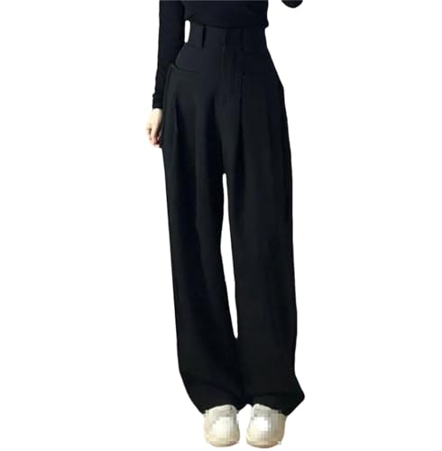 Women Solid Color Suit Pants High Waist Pockets Zipper Casual Length Wide Leg Trousers