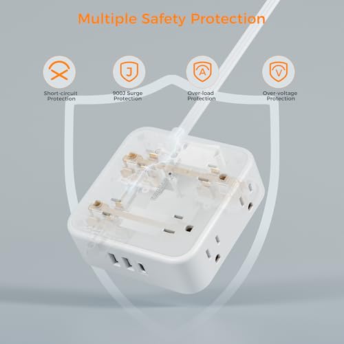 Image of TESSAN Surge Protector Power Strip, 20 Ft Flat Plug Extension Cord with 3 USB (1 USB C) 8 Outlets, 1250W, 900J Protection, 3 Sided Outlet Extender with Power Switch for Office, Dorm Room, Grey
