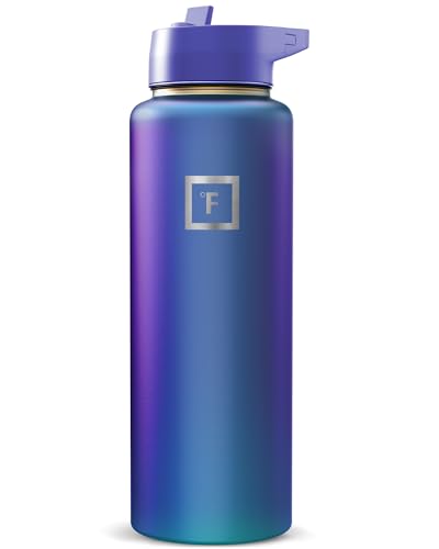 IRON °FLASK Camping & Hiking Hydration Flask with Straw, Wide Mouth Insulated Stainless Steel Sports Water Bottle - Aurora 40 oz - Straw (1 Lid)