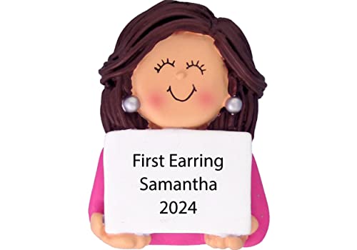 Personalized Christmas Ornaments for Kids 2022 Custom for Teenage Girls First Piercing Earrings Ornaments Cake Topper Brunette Brown Hair Girl Ornament with Name Year - Free Customized