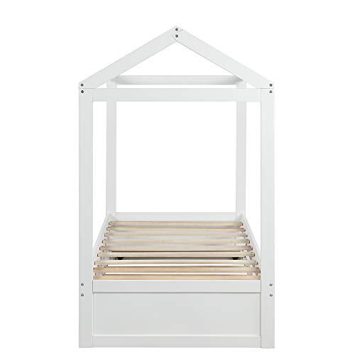 Oudiec Twin Size House Bed With Trundle And Roof Design,Solid Pinewood Bedframe,Can Be Decorated For Kids Bedroom,No Box Spring Required,White #TOP6
