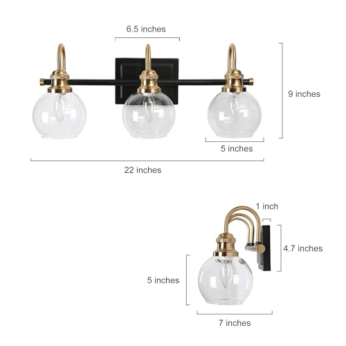 Image of KSANA Black Gold Vanity Light, Modern 3-Light Bathroom Light Fixture with Clear Glass Globes, Electroplating Brass 22 inchL Vanity Lighting Over Mirror