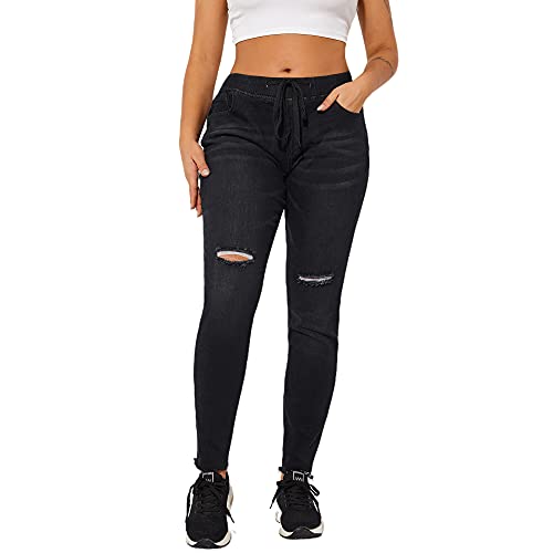 THUNDER STAR Ripped Jeans,Skinny Jeans for Women,Drawstring Mid Waist Jeans