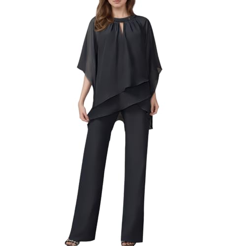 Women's Dressy Casual 2 Piece Outfits Pant Suits for a Wedding 2025 Fall Trendy Irregular Chiffon Wide Leg Pant Sets