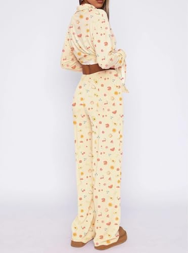 Image of Dressmine Ladies Long Sleeve Cute Pajama Sets 2 Piece Fall Outfits Button Up Pjs Set Loungewear
