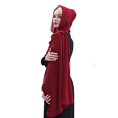 Sheer Chiffon Hijab Scarf Muslim Head Cover Solid Plain Arabic Headpiece Women's Shawl Wrap (Wine Red)