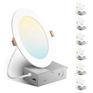 Amico 6 Pack 6 Inch 5CCT Ultra-Thin LED Recessed Ceiling Light with Metal Junction Box, 2700K-5000K Selectable, 12W Eqv 110W, Dimmable Canless Wafer Downlight with Plastic Trim, 1050 Lumens -ETL&FCC