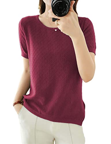 Image of Womens Short Sleeve Sweaters Tops Summer Thin Pullover Cotton Knit Shirt Crew Neck Lightweight Pointelle Blouse
