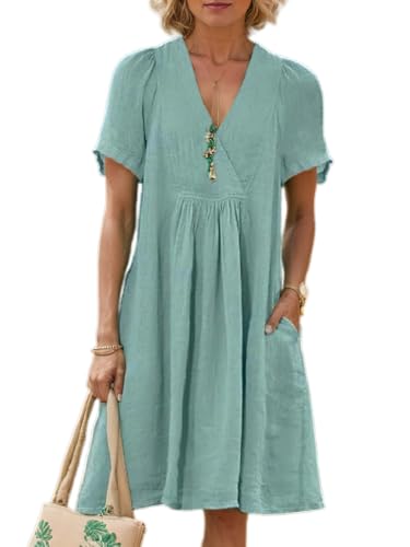 Women's Flowy Cotton Linen Midi Dress Summer Beach Casual Loose Sleeveless Baggy A Line Dress with Pockets Sage Green
