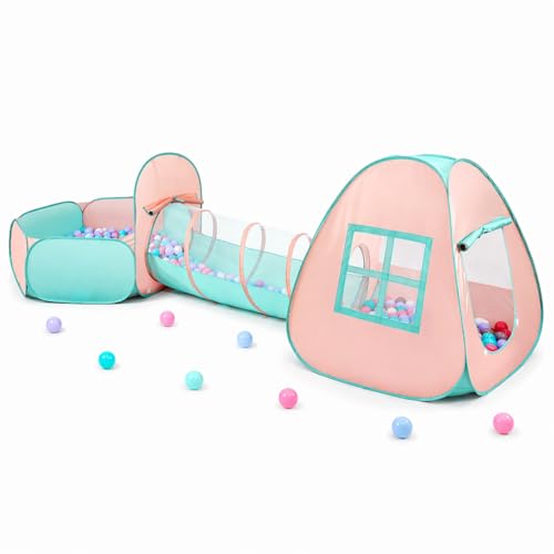 3 in 1 Pop Up Kids Play Tent with Tunnel and Ball Pit for Kids, Boys, Girls, Babies and Toddlers, Indoor/Outdoor Playhouse,Orange Pink/Light Green