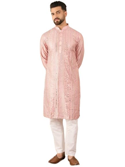 amazon brand - tavasya Men Embroidery Thread Work Straight Kurta Mandarin Collar | Full Sleeves | Silk-picture-31