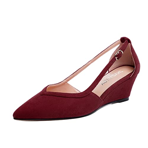 SKYSTERRY Womens Wedding Suede Slip On Pointed Toe Dress Wedge Low Heel Pumps Shoes 2 Inch