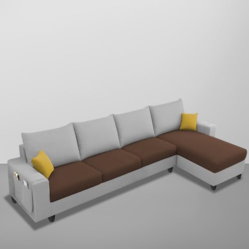 Image of Casaliving Porto RHS 4 Seater L Shape Sofa Set for Living Room (Brown Grey Fabric) Premium Velvet Fabric Sofa Set