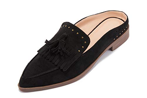 LAICIGO Womenâ€™s Loafer Shoes Mules Pointed Toe Flat Tassel Slide Chunky Heels Faux Suede Loafers