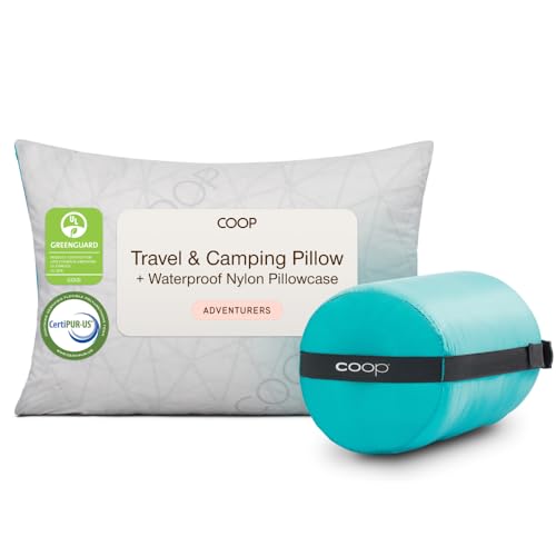 Coop Home Goods Original Adjustable Travel Pillow and Waterproof Pillow Protector Grey Bundle with Compressible Stuff Sack, Medium-Firm Memory Foam and Washable Cover, CertiPUR-US Certified (19x13)