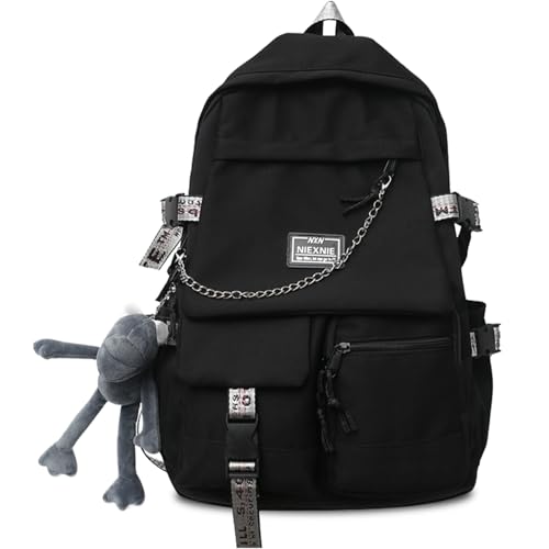 Fashion Backpack with Cute Accessory Bookbags with Pendant Laptop Bag Casual Lightweight Travel Daypacks (Black)
